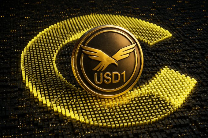 A 3D-rendered golden coin featuring an eagle logo and 'USD1' text, resting on a large letter 'C' made of yellow cubes against a dark, dotted background.