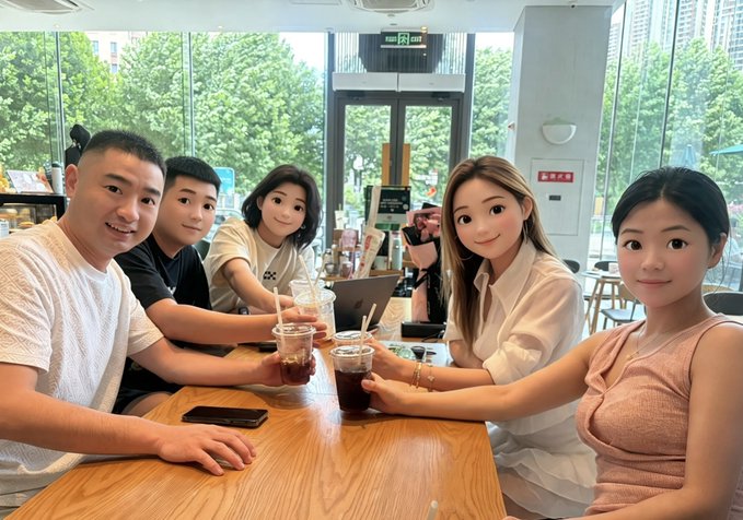 A group of five friends gather around a table at a café, raising their iced drinks in a toast in anticipation of a basketball game together.

The image shows a group of five friends—appearing to be three women and two men—seated around a wooden table at a café, all holding iced beverages and smiling at the camera. The caption and post tags (@Mercy_okx, @Gideon_okx) suggest they're excited to attend a basketball game together, with this café meetup serving as a pre-game gathering spot. A smartphone rests on the table, likely being used to coordinate or document their outing.
