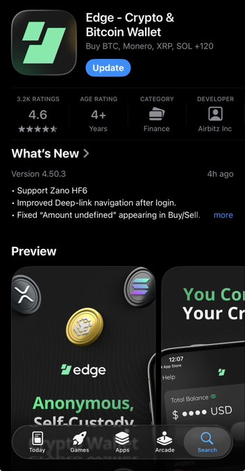 The image shows the App Store listing for "Edge - Crypto & Bitcoin Wallet" (v4.50.3) with an Update button, highlighting in the "What's New" section that the latest release adds support for "Zano HF6." This aligns with the post announcing that Zano Hard Fork 6 support is now live in Edge, prompting users to update the wallet for continued ZANO support.