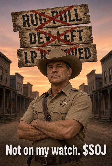 A sheriff stands with crossed arms in a Western town beneath crossed-out signs reading 'RUG PULL', 'DEV LEFT', and 'LP REMOVED', with the caption 'Not on my watch. $SOJ'.