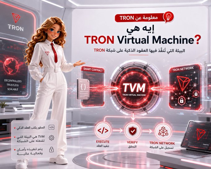 The image is a stylized 3D illustration featuring a cartoon-style woman in a white outfit gesturing toward various digital screens and interfaces explaining the TRON Virtual Machine (TVM). The graphic includes Arabic and English text posing "What is TRON Virtual Machine?" alongside visuals of smart contracts, a central TVM hub, and workflow steps labeled "Execute," "Verify," and "TRON Network," directly illustrating the post's explanation of TVM as the environment that executes smart contracts on the TRON blockchain.