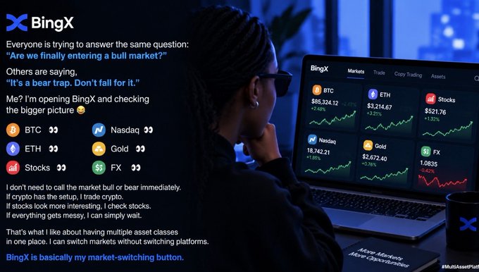 A promotional image for BingX cryptocurrency exchange showing a woman looking at a laptop displaying market data for BTC, ETH, Stocks, Nasdaq, Gold, and FX, with text discussing market switching.