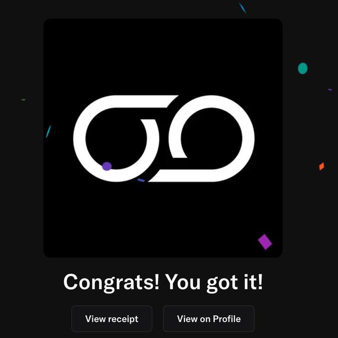 The image shows a black square with white text that reads "congrats! You got it!". The background of the image is filled with colorful confetti, adding a festive touch to the scene. The text "minted my @R3ORDR NFT did you guys manage to mint too?" suggests that this post might be related to an online auction or sale of digital artworks, such as NFTs (Non-Fungible Tokens). The image also contains two links: one for viewing the artwork and another for viewing the profile of the artist.