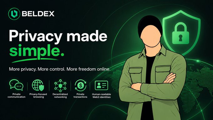 An advertisement for "BELDEX" with the slogan "Privacy made simple," featuring a cartoon figure in a green jacket next to a green shield and padlock icon.