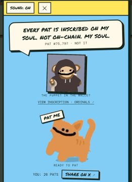 A screenshot from the 'SQUIGGLE DAO' NFT minting page featuring a cartoon monkey and cat illustration, with a speech bubble stating 'EVERY PAT IS INSCRIBED ON MY SOUL. NOT ON-CHAIN. MY SOUL.' and a button to 'SHARE ON X.'