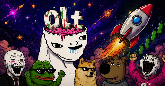 A colorful "Wojak"/meme-style illustration featuring a crying Wojak filled with pink brains topped with "OLT," surrounded by Pepe the Frog characters, a rocket ship, and a rocket-themed candlestick chart in a space background.
