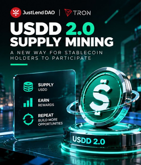 A promotional graphic for JustLendDAO and TRON announces 'USDD 2.0 SUPPLY MINING' as a new way for stablecoin holders to participate, featuring a glowing dollar coin and steps to supply, earn rewards, and repeat.