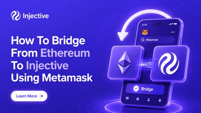 Promotional banner reading 'How To Bridge From Ethereum To Injective Using Metamask,' showing the Injective and Ethereum logos with a 'Bridge' button and a Metamask interface on a smartphone.