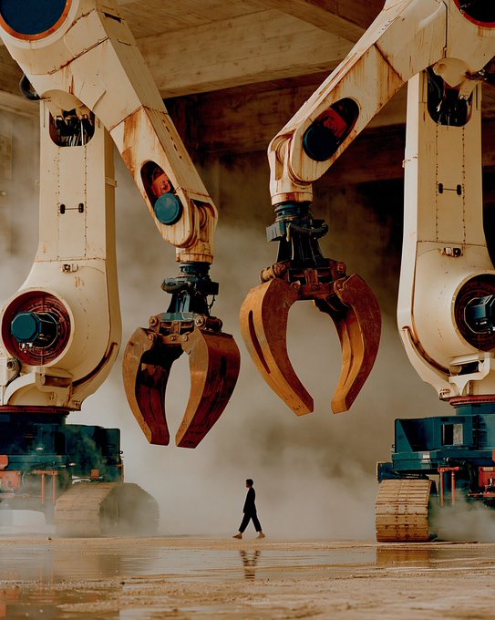 A surreal, sci-fi scene featuring massive, rusted mechanical claw structures with a small human figure walking between them, set against a dusty, foggy industrial backdrop.