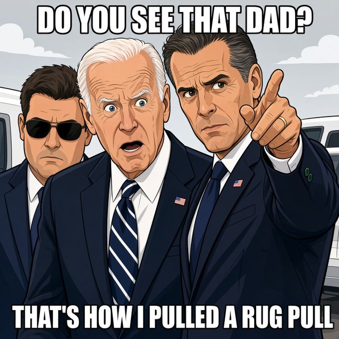 A cartoon-style illustration of three men in suits, with the central older man and the younger man on the right pointing, accompanied by the meme text "DO YOU SEE THAT DAD? THAT'S HOW I PULLED A RUG PULL."