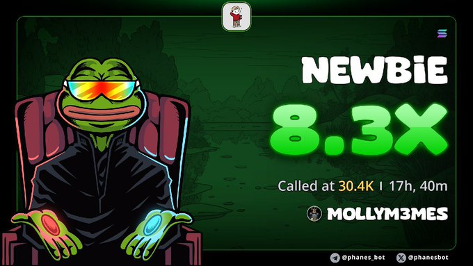 A promotional graphic featuring a Pepe the Frog character in sunglasses and a robe, highlighting a new user 'NEWBIE' who achieved an 8.3x return, called at 30.4K by @MOLLYM3MES on @phanes.bot.