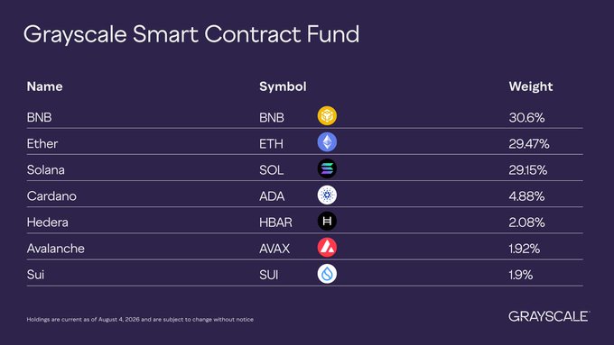 A table displaying the 'Grayscale Smart Contract Fund' holdings as of August 4, 2026, with BNB (30.6%), Ether (29.47%), Solana (29.15%), Cardano (4.88%), Hedera (2.08%), Avalanche (1.92%), and Sui (1.9%).