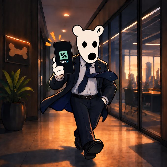 An animated bear mascot in a business suit confidently struts through a sleek office hallway while holding up a smartphone displaying the "TickX" app logo, visually promoting the new prediction game mentioned in the post.