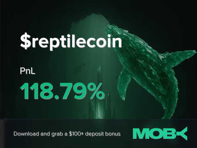 The image is a promotional graphic for Moby Mobile featuring "$reptilecoin" with a striking green crystalline sea turtle emerging from an underwater cave, highlighting a PnL of 118.79%. A trader used Moby to close a winning trade on the trending token, which grew from $98.58K to $506.12K in market cap, with the ad promoting a $100+ deposit bonus download offer.