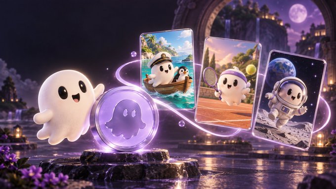 A 3D-rendered promotional image featuring a cute ghost-like character in various scenarios (boat captain, tennis player, astronaut) displayed on floating cards with a purple crystal ball and mystical purple-lit environment.