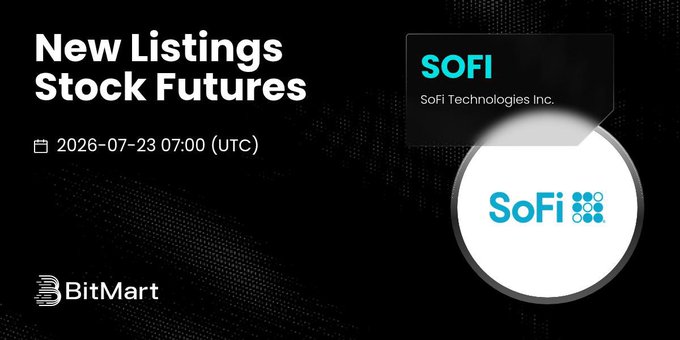 BitMart announces the addition of SOFI (SoFi Technologies Inc.) stock futures to its platform, scheduled for July 23, 2026 at 07:00 UTC, as featured in this promotional graphic.