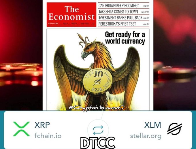 A graphic showing The Economist magazine cover dated January 9-15, 1988, featuring a phoenix holding a coin inscribed "10 PHΦENIX 2018" with the headline "Get ready for a world currency," above logos for XRP (fchain.io), DTCC, and Stellar (XLM) — referencing the "10=(X)RP Φ=XLM" prophecy and a Phoenix rising by EOY 2018.