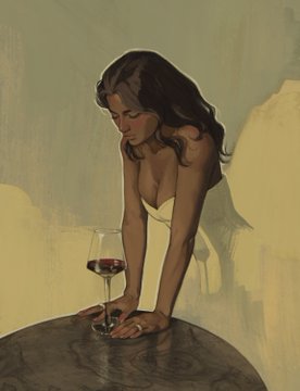 A digital painting of a woman with dark hair wearing a white top, leaning forward on a dark surface while holding a glass of red wine.