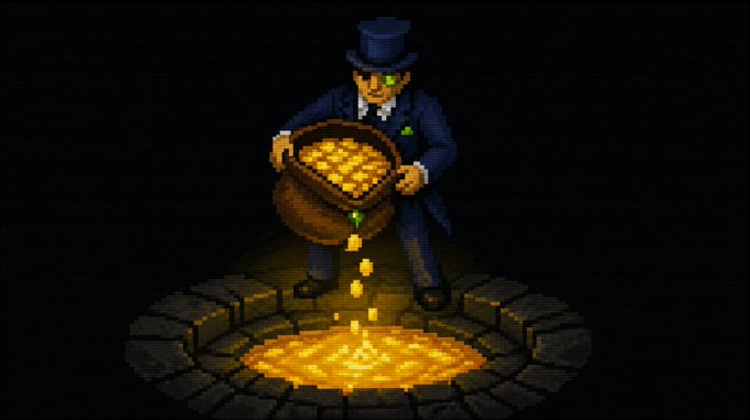 Pixel art of a top-hatted figure in a blue suit pouring a sack of gold coins into a glowing pit of treasure on a stone platform.