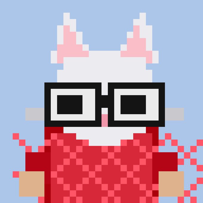 Pixel art of a white rabbit or cat character wearing large black square glasses and a pink pixelated sweater against a light blue background.