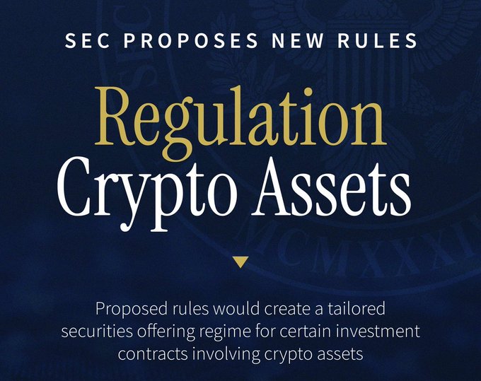 The graphic features a navy blue design with gold and white text reading "SEC PROPOSES NEW RULES" and "Regulation Crypto Assets," with a subtitle noting that the proposed rules would create a tailored securities offering regime for certain investment contracts involving crypto assets—visually supporting the accompanying post about the SEC's new crypto regulatory framework that allows up to $5M in capital raising without registration over 4 years.