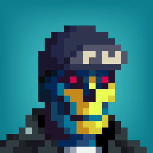 A pixel art portrait of a character wearing a dark cap and a blue jacket with a yellow face against a teal background.