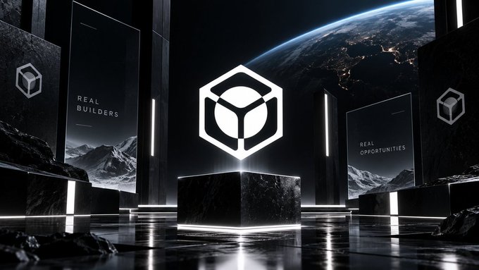 A futuristic 3D rendered space scene featuring a glowing hexagonal cube logo on a pedestal, with text panels reading 'REAL BUILDERS' and 'REAL OPPORTUNITIES' against a backdrop of Earth from orbit.