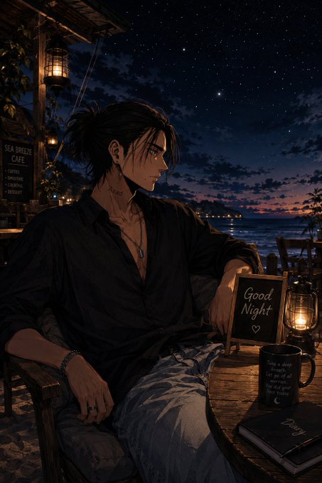 A dark, atmospheric anime-style illustration of a man in a black shirt sitting at a seaside cafe table at night, next to a 'Good Night' sign, a glowing lantern, and a mug.