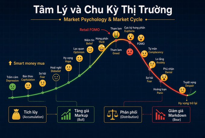 The image is an infographic titled "Tâm Lý và Chu Kỳ Thị Trường / Market Psychology & Market Cycle," showing a bell-curve chart that maps investor emotions (from Depression to Dispair) against four market phases: Accumulation, Markup (Bull), Distribution, and Markdown (Bear), with Vietnamese and English terms paired throughout.

The image contextualizes the post by illustrating *where* Bitcoin's current 80k price level and massive BTC ETF inflows (e.g., BlackRock's +$454M) might sit on the cycle — likely suggesting we are climbing into the Markup/Bull phase or approaching the euphoric peak, given the renewed optimism and "Smart money mua" (buying) marker shown on the left.