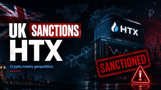 The image features a large banner with text that reads "UK SANCTIONS HTX" against a dark background, accompanied by an illustration of a building labeled "HTX". The text also includes a warning about a potential threat from Russia, suggesting that the UK is taking action against them.