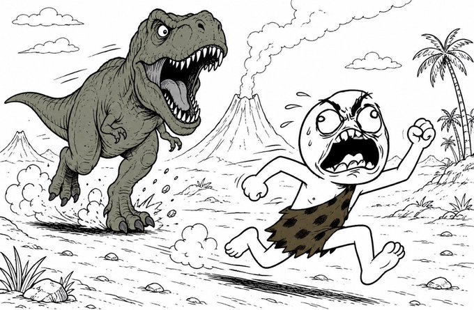 A black-and-white cartoon illustration depicting a terrified cave person running away from a roaring Tyrannosaurus rex in a prehistoric landscape with a smoking volcano.