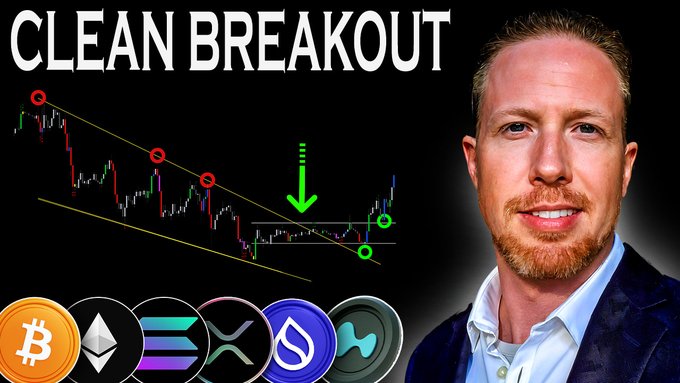 A man in a suit smiles next to a trading chart titled "CLEAN BREAKOUT" showing a descending trendline with a green arrow indicating a breakout point, accompanied by crypto logos for Bitcoin, Ethereum, Solana, XRP, Sui, and Hedera at the bottom, promoting a YouTube video about Bitcoin and altcoin breakout potential.