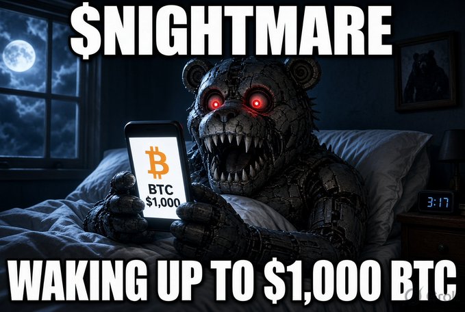 A meme showing a terrifying, broken animatronic bear with glowing red eyes sitting in a dark bedroom, holding a phone displaying 'BTC $1,000'. Text reads '$NIGHTMARE' at the top and 'WAKING UP TO $1,000 BTC' at the bottom.
