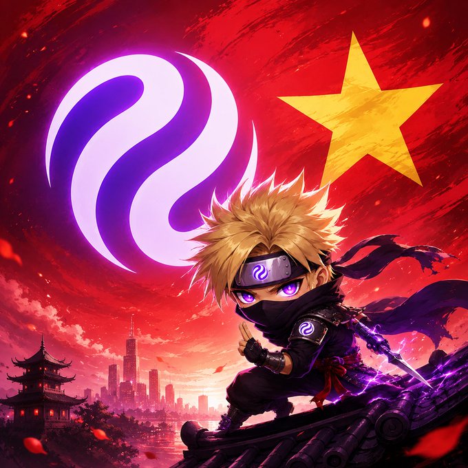 An anime-style illustration of a chibi ninja character with blonde spiky hair and a headband, set against a red background featuring a yellow star and a purple swirling symbol.
