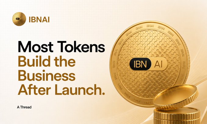 A promotional graphic for 'IBNAI' featuring gold coins and the text 'Most Tokens Build the Business After Launch. A Thread'.