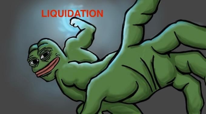 A Pepe the Frog meme image with the word 'LIQUIDATION' written in red text in the upper left corner.