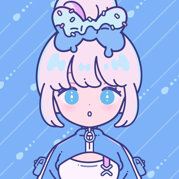 Anime-style illustration of a cute girl with pink hair, large blue eyes, and a blue/cream colored hat or hair accessory, looking surprised against a blue rain-themed background.
