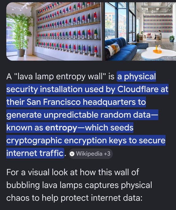 A screenshot shows photos of Cloudflare's 'lava lamp entropy wall' installation with highlighted text explaining it generates unpredictable random data to seed cryptographic encryption keys for internet traffic.