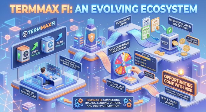 A promotional graphic titled "TERMMAX FI: AN EVOLVING ECOSYSTEM" featuring various illustrated platforms including @TERMMAXFI, HYPE/USDC earning features, Robinhood Chain integration, Daily Card Draw Engagement, and risk warnings like "OPPORTUNITIES COME WITH RISK."