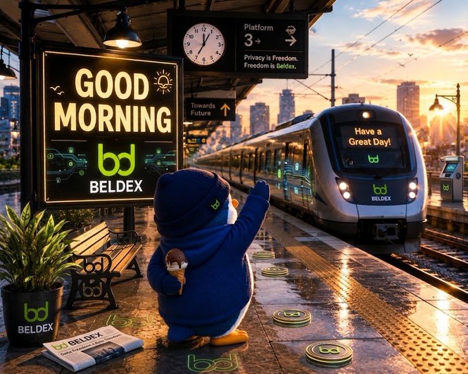 A promotional scene at a train station featuring a penguin-like mascot waving at a modern train; signs display 'GOOD MORNING', 'BELDEX', 'Platform 3', 'Privacy is Freedom. Freedom is Beldex.', and 'Have a Great Day!'