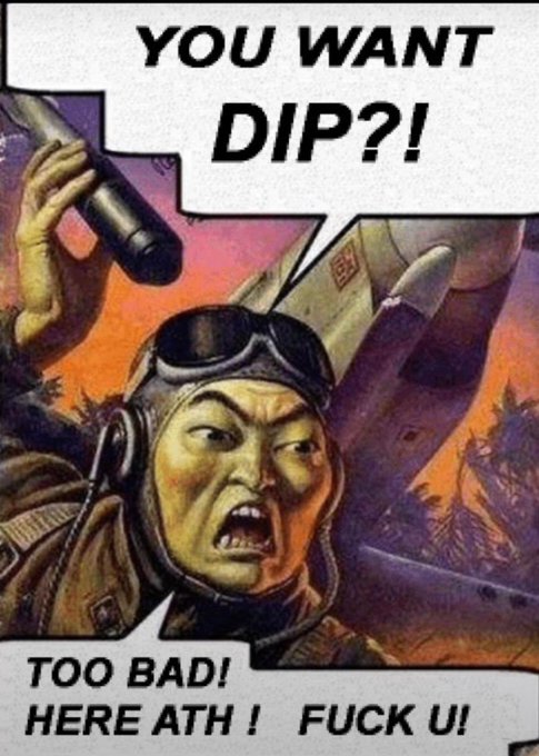A vintage WWII-style propaganda illustration shows an enraged pilot shouting "YOU WANT DIP?!" with a bottom caption reading "TOO BAD! HERE ATH! FUCK U!", humorously depicting aggressive resistance to buying market dips.