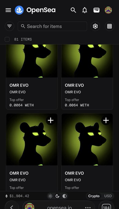 A mobile screenshot of the OpenSea NFT marketplace displays a collection of 81 items titled "OMR EVO," featuring identical profile pictures of an animal silhouette with glowing green eyes, each listed at a top offer of 0.0064 WETH.