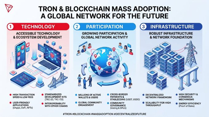 This infographic, titled "TRON and Blockchain Mass Adoption: A Global Network for the Future," outlines three pillars supporting mass adoption: Technology (featuring accessible tech, high transaction speed with low fees, user-friendly applications like BitTorrent, DApps, DeFi, and NFTs, plus developer kits like TRC20 and TRC-721), Participation (highlighting millions of active wallets, global community engagement, cross-border payments using USDT/USDD, and community governance via voting and DPoS), and Infrastructure (emphasizing decentralized networks, scalability, and energy efficiency as proof of stake). It directly complements the post by visually reinforcing TRON's role in advancing accessible technology and growing global participation to drive blockchain mass adoption, with hashtags #TRON #BLOCKCHAIN #MASSADOPTION #DECENTRALIZEDFUTURE tying the message together.