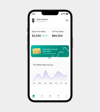 A mockup of a mobile app interface for 'Hello Bankie' showing 'Sales This Week' of $3,035 and 'All Time Sales' of $84,500, along with a 'Generate a virtual card now' button and a sales activity chart.