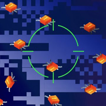 This abstract image depicts stylized circuit components being targeted by a reticle, representing the SparkKitty malware scanning for crypto seed phrases in user photos. The visual conveys the threat of stolen sensitive data through malware.