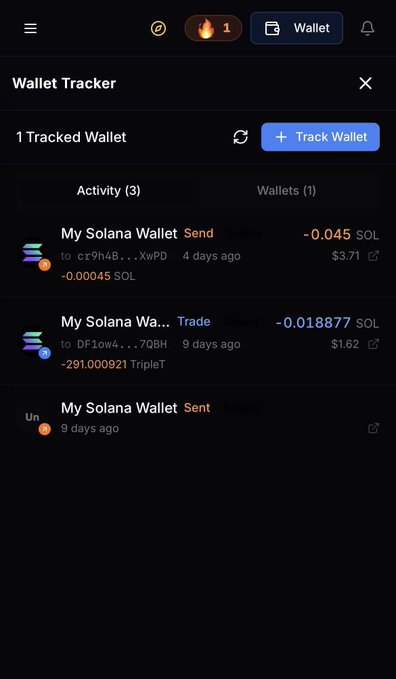 The image shows a phone screen displaying a wallet tracker app with several lists of transactions, including the user's own transactions as well as those of other users. The app allows the user to see their own activity across multiple wallets without needing to navigate through the app manually.