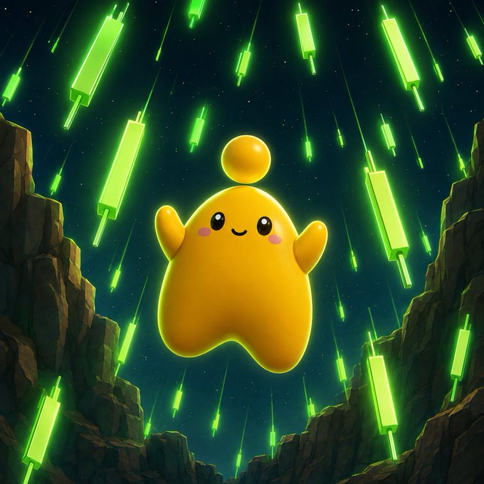 Digital illustration of a cute, round yellow blob-like character with a small ball on its head, floating in a rocky canyon under a starry night sky filled with falling green glowing geometric objects.