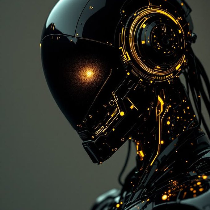 A close-up of a futuristic black robotic helmet with glowing orange/yellow circuitry patterns and a visor reflecting a bright light.