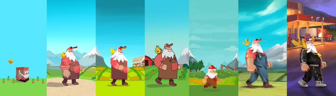 A character evolution sequence showing a pixelated Gnome in a barrel transforming through various art styles into a 3D-rendered biker character with a gold chain.