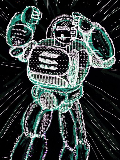 A neon green digital glitch-art illustration of a stylized robot or mecha figure with words like 'HYPERDRIVE' and 'SOLANA' embedded in its design.